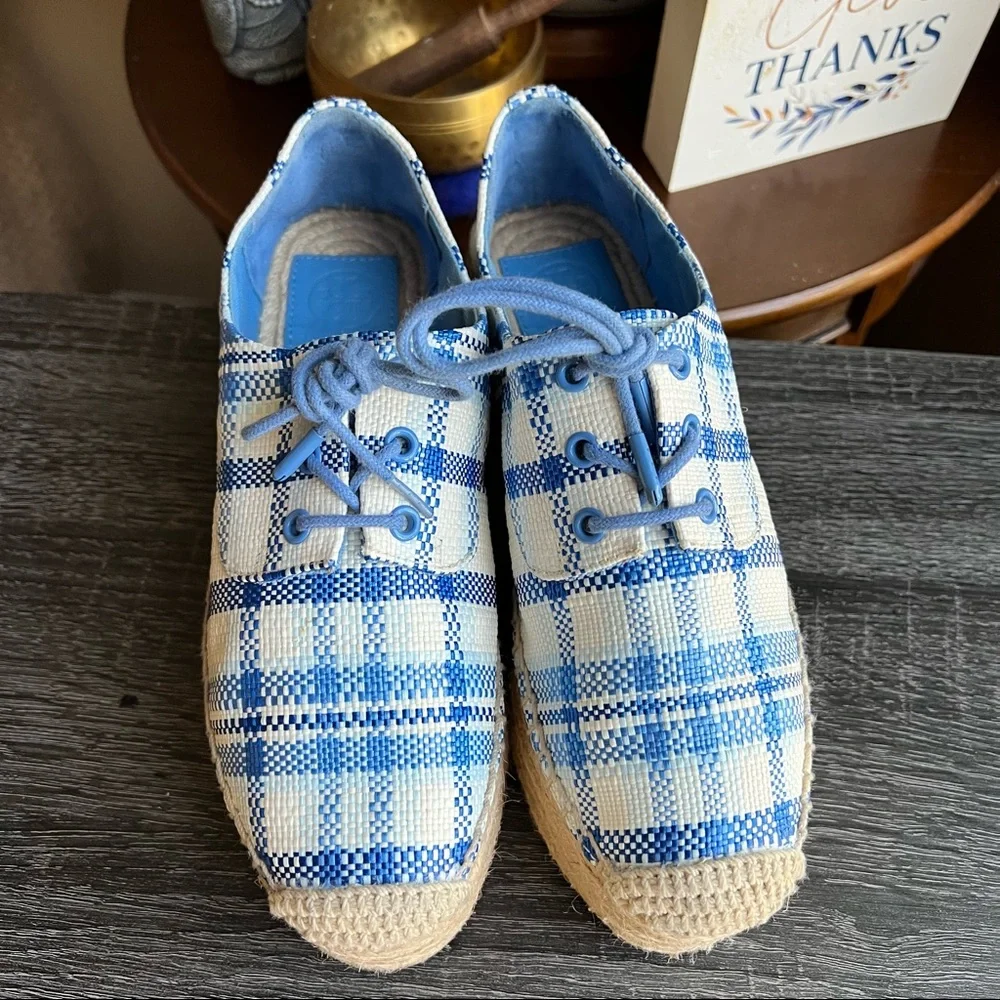 Tory Burch Florence Blue Plaid Platfrom Lace Up Espadrilles US6.5 Used Once!!